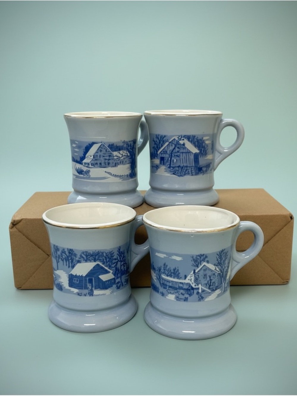 Vintage Blue and White 4 Seasons Coffee Tea Mug Cup Set of 4